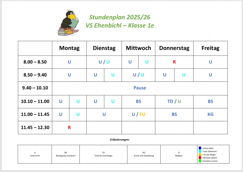 Stundenplan der VS Ehenbichl - 1e