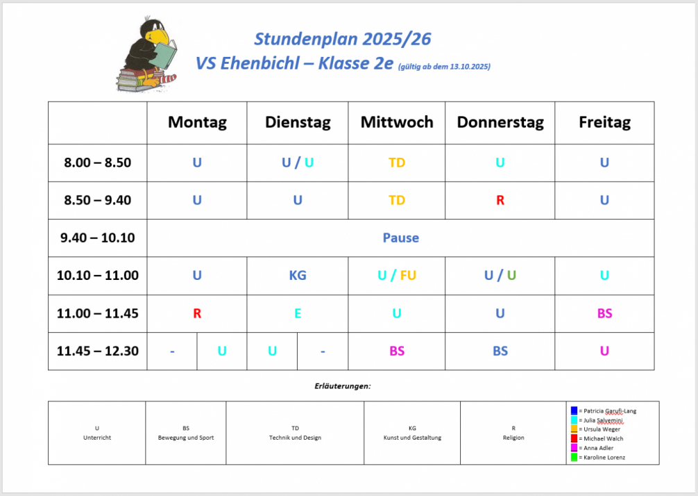 Neuer Stundenplan der 2e - gültig ab dem 13.10.2025