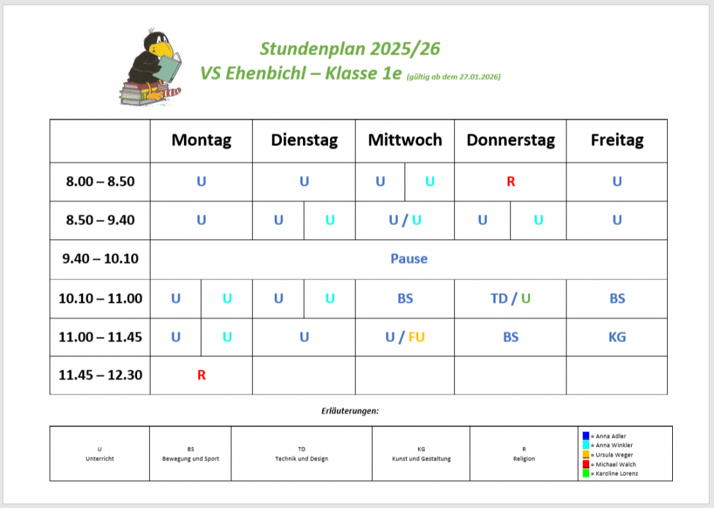 Stundenplan der VS Ehenbichl - 1e