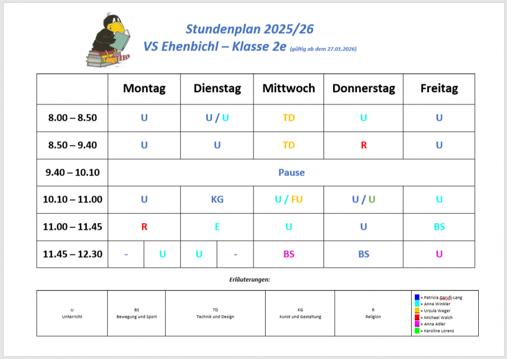Stundenplan der VS Ehenbichl - 2e